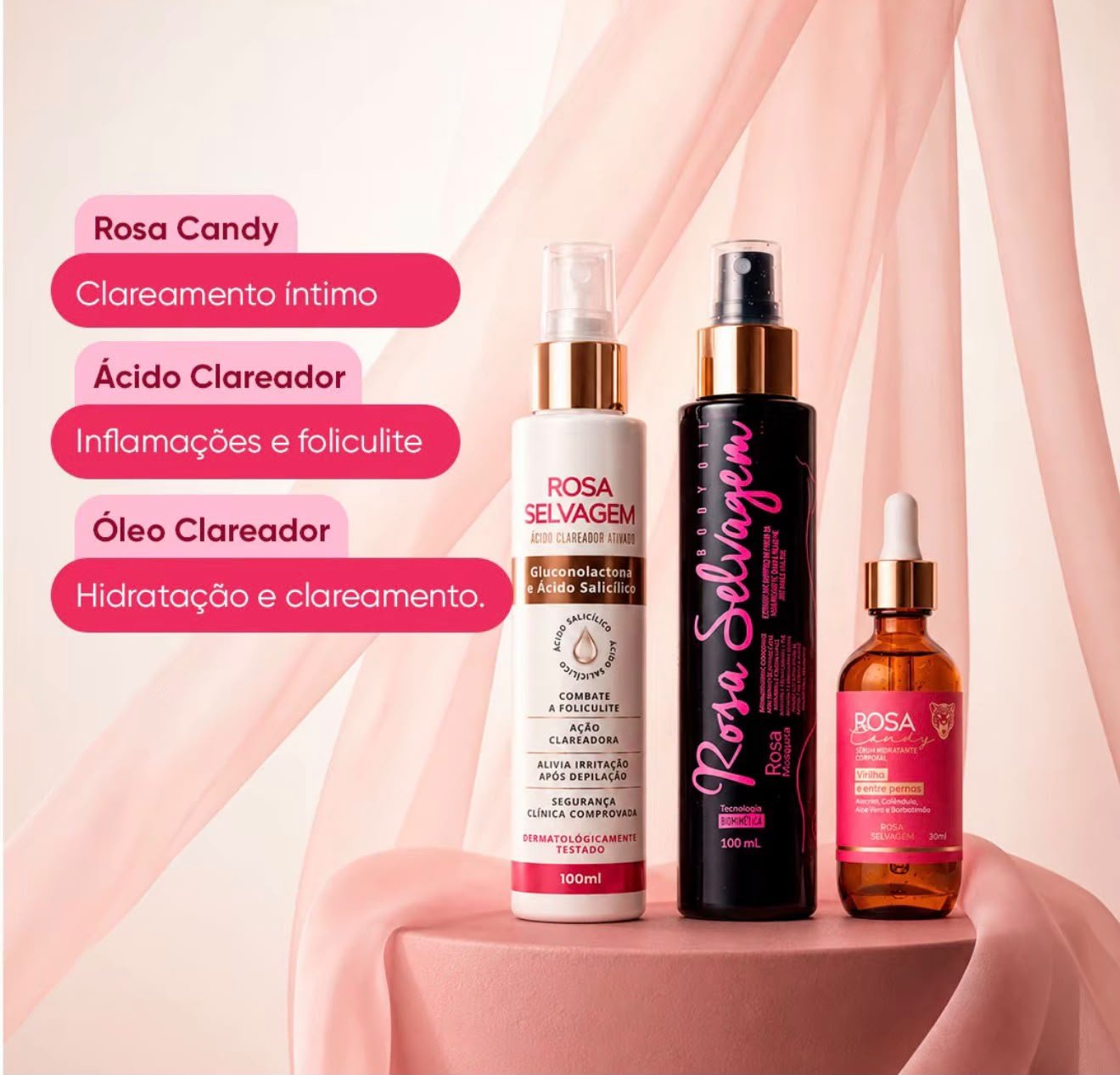Os três produtos do kit Rosa Selvagem